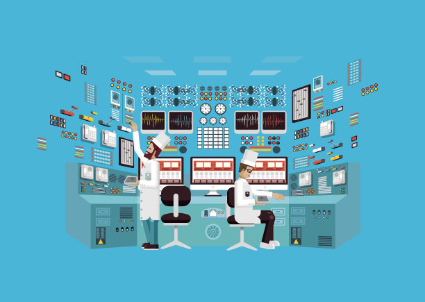 插画室内科学基地，核电站平面风格图片下载