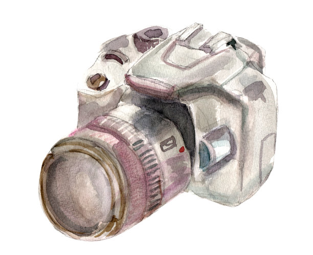 水彩相机在白色的背景素材图片