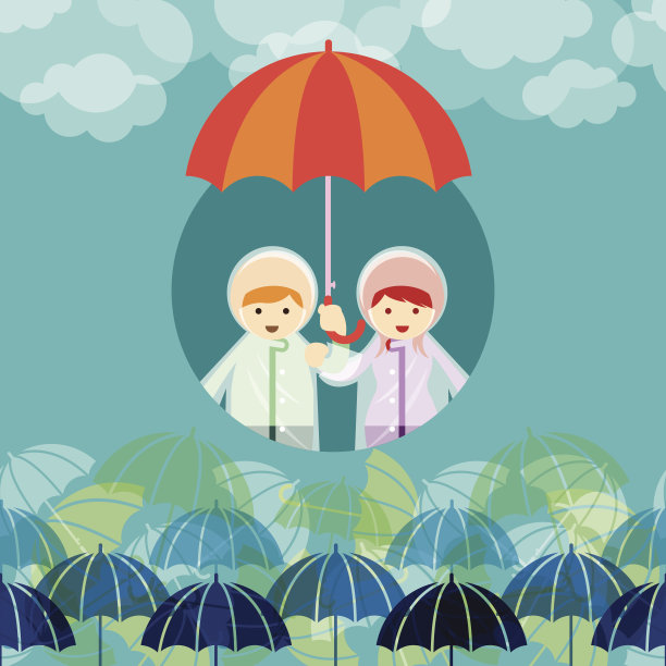 男孩和女孩与伞雨季背景和框架图片下载