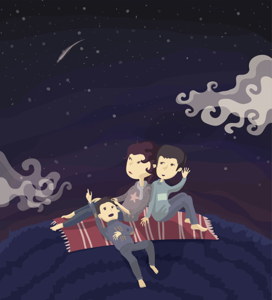 家人在山上看星星，矢量图。图片下载