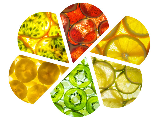 作为花瓣排列的水果片的背光拼贴画图片下载