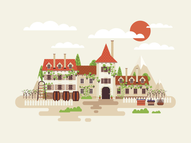 酒厂立面的建筑插图，背景是葡萄园图片下载