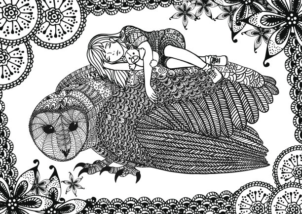 谷仓猫头鹰，女孩和图案图片下载