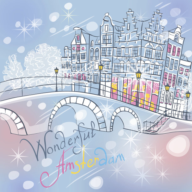 矢量圣诞阿姆斯特丹运河和典型的房子图片下载