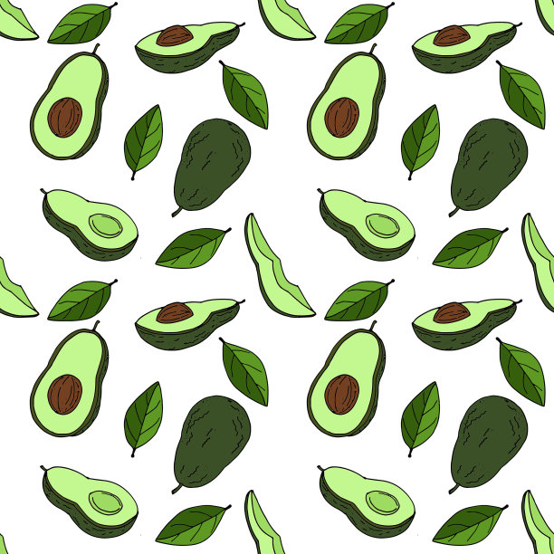 牛油果无缝图案手绘在白色背景。图片下载