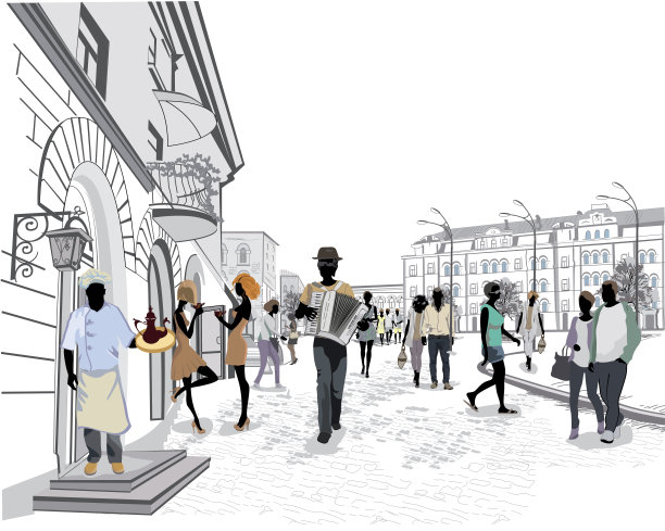 老城区的街道上挤满了人和音乐家图片下载