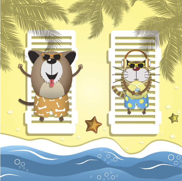 矢量插图与放松宠物在沙滩上图片下载