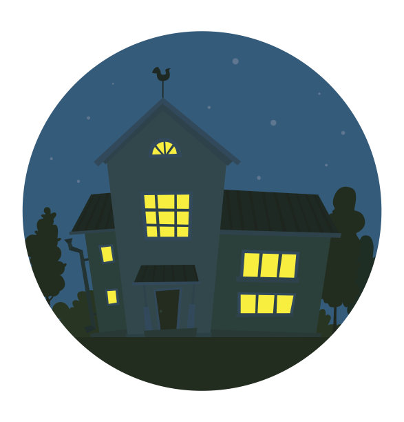 圆圆的夜景，可爱的淡黄色房子图片下载