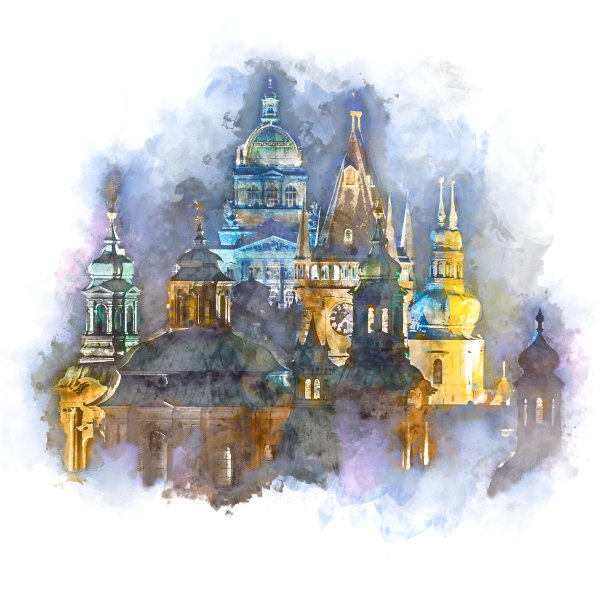 布拉格，夜晚的城市，水彩画风格的艺术品图片下载