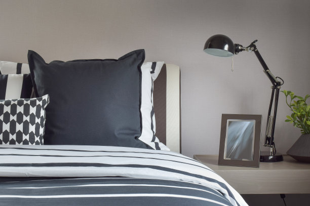 带有枕头和台灯的现代卧室图片下载