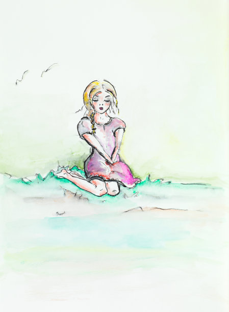 悲伤的年轻女孩坐在大自然中图片下载