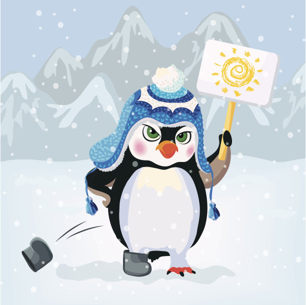 一只不高兴的企鹅举着牌子。向量图片下载