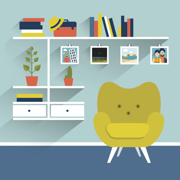 客厅有扶手椅和书架。平面设计说明。图片下载