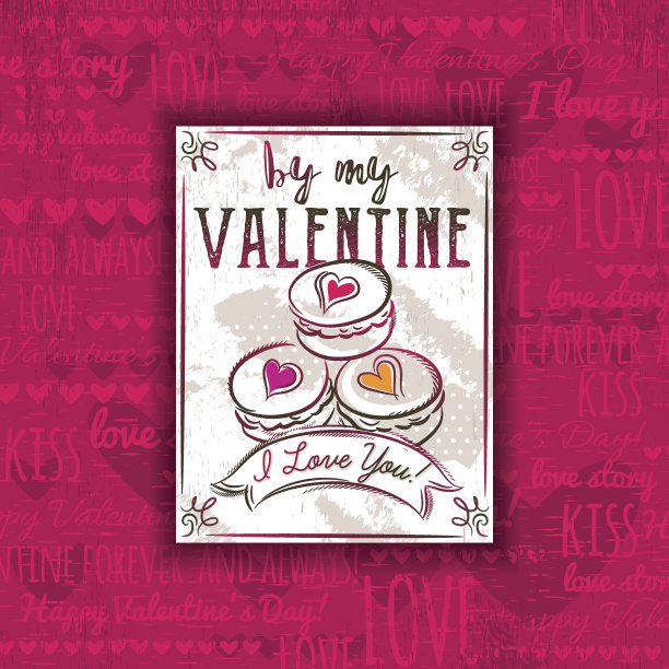 红色的背景，情人的心，饼干和问候的文字，图片下载