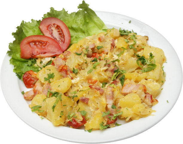 由蔬菜和培根混合而成的素食，与色拉一起食用图片下载