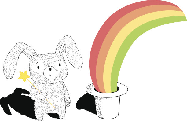 有彩虹和兔子的魔术帽。矢量平面插图。图片下载