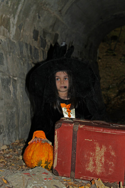 带着南瓜和手提箱的女巫小孩图片下载