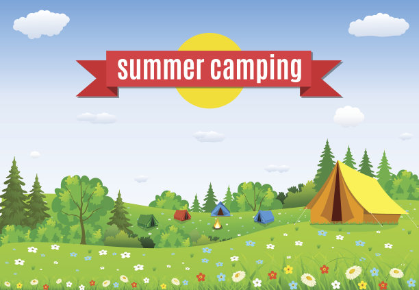 游客帐篷和绿色草地在多云的天空图片下载