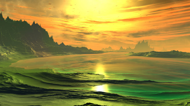 幻想外星球。岩石和湖。三维演示图片下载