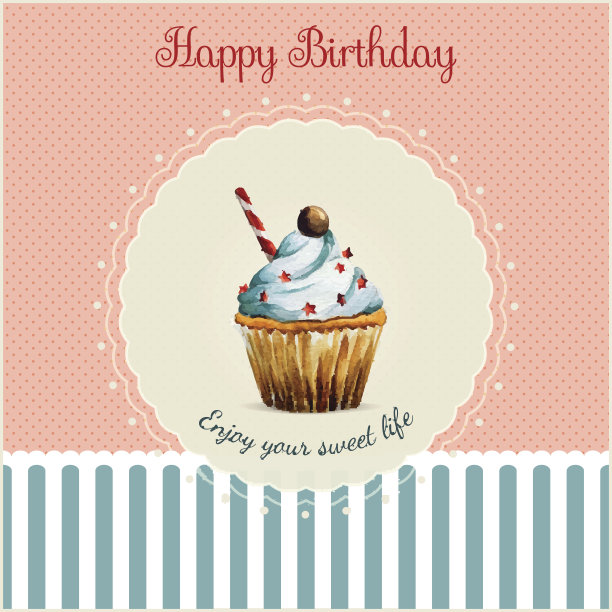 生日贺卡模板与水彩纸杯蛋糕插图图片下载