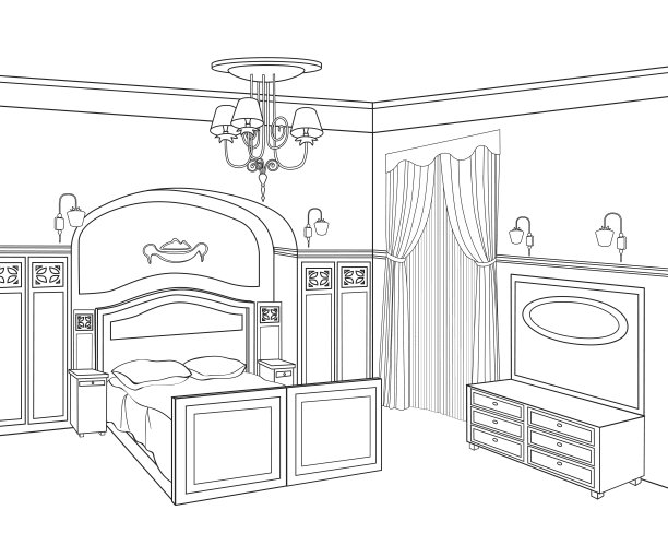 卧室家具。床的房间。素描的内部。图形内部。图片下载
