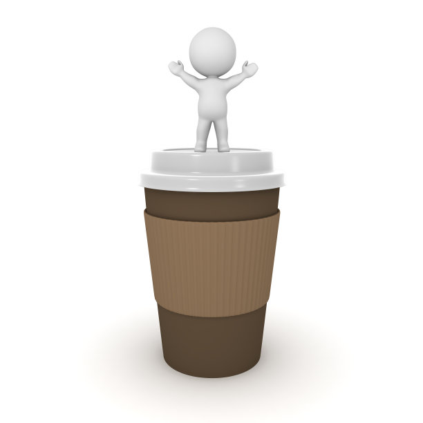 3D人物站在大咖啡杯上举起手臂图片下载