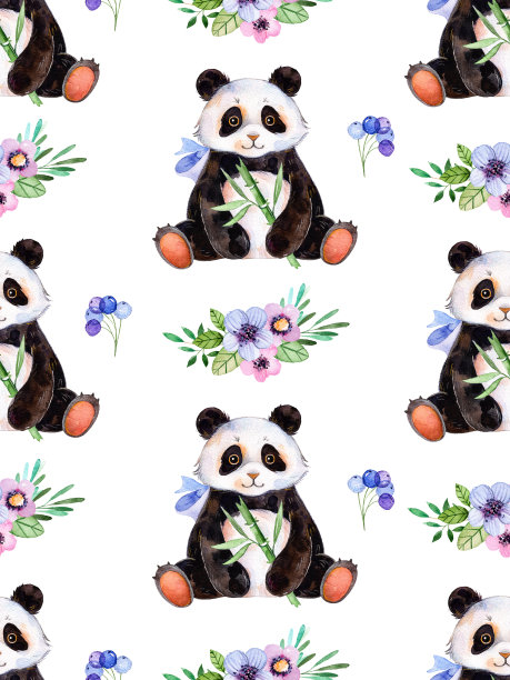 无缝纹理的花朵和可爱的熊猫素材图片