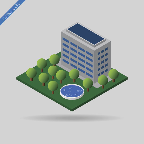 等距城市-树木，游泳池和建筑图片下载