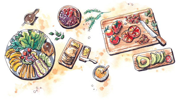 健康食品蔬菜水果和沙拉平铺水彩illus图片下载