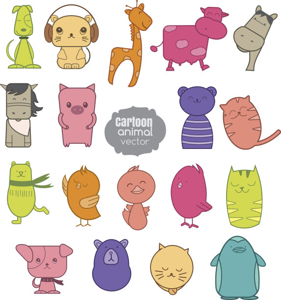 彩色卡通动物图标集。向量illustartion图片下载