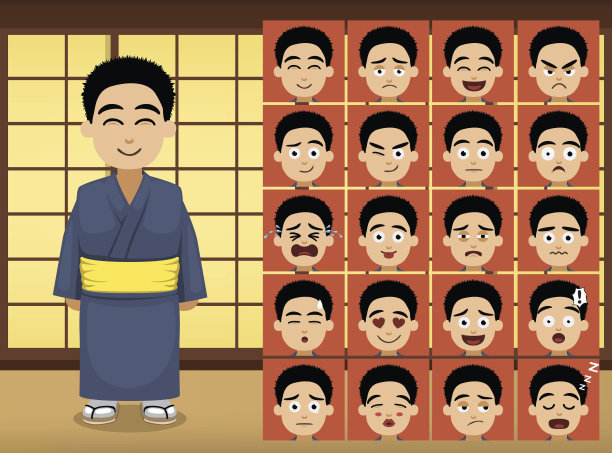 日本男孩卡通情感面对矢量插画图片下载