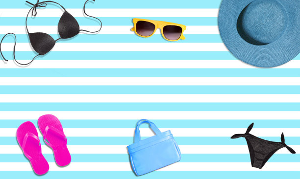 夏天的时尚物品。女人的度假用品。泳装。图片下载