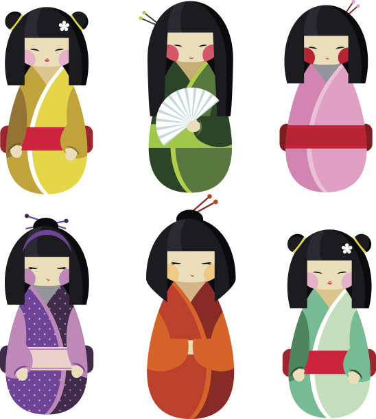 矢量集的kokeshi娃娃在不同的传统日本服装图片下载