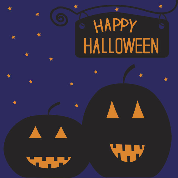 晚上的两个大南瓜。万圣节快乐卡。图片下载