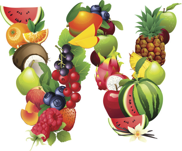 字母W由不同的水果和叶子组成图片下载