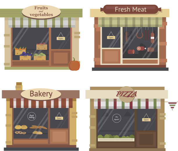 商店的图标集。面包店，肉店，农产品店，披萨咖啡馆。图片下载