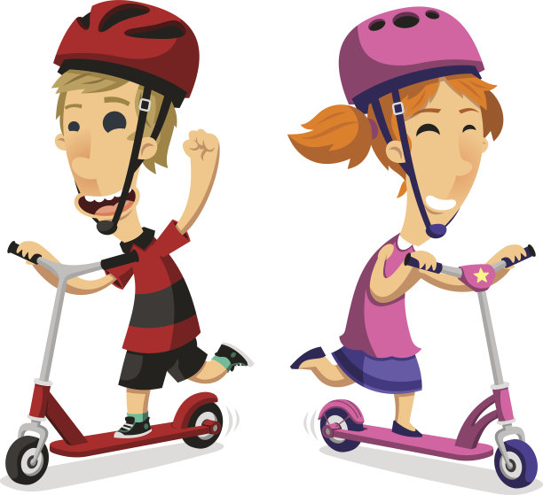 小男孩和小女孩骑着滑板车图片下载