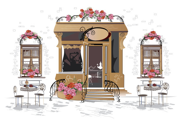 鲜花，老城区的景色和街边的咖啡馆。图片下载