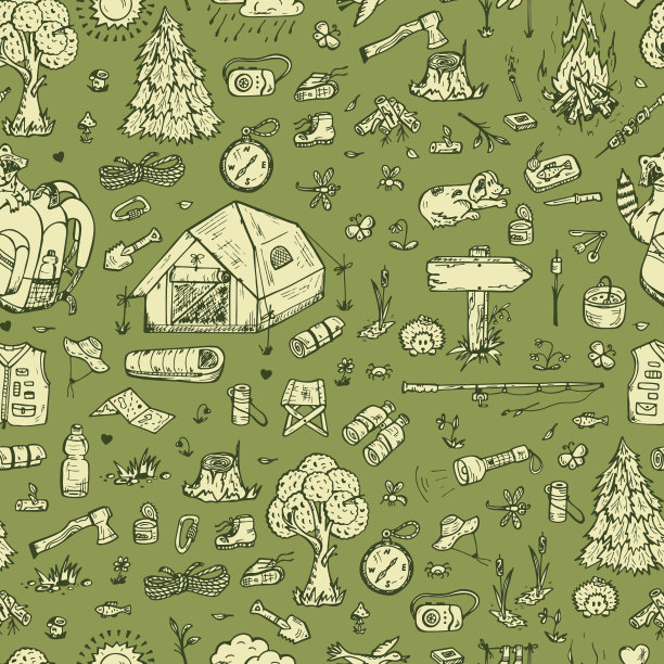 旅游与露营无缝模式。手绘涂鸦矢量插图图片下载
