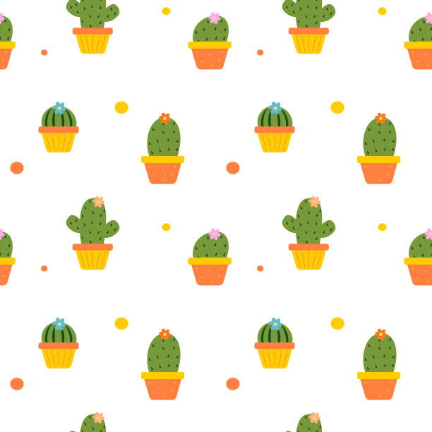 可爱的彩色仙人掌在花盆无缝图案背景插图图片下载