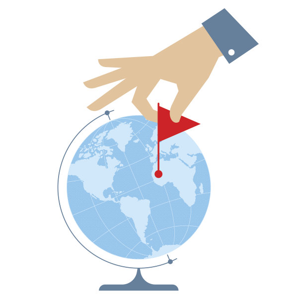 平面插图的西方地球仪和手与旗帜标记图片下载