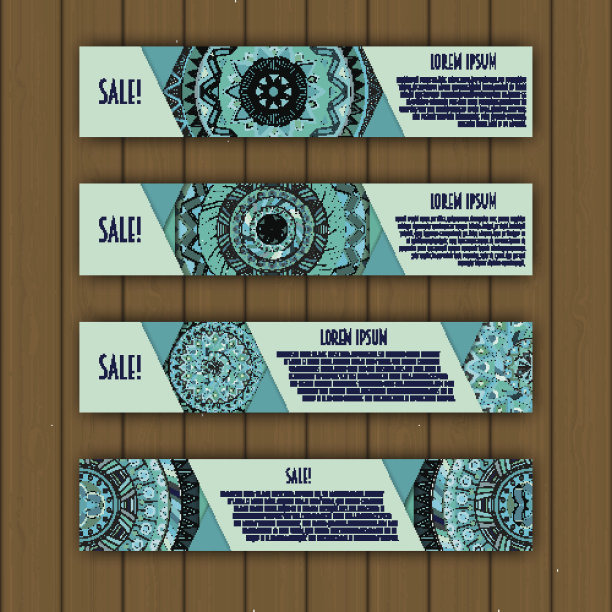 旗帜卡设置花卉色彩鲜艳的装饰曼陀罗元素背景。图片下载