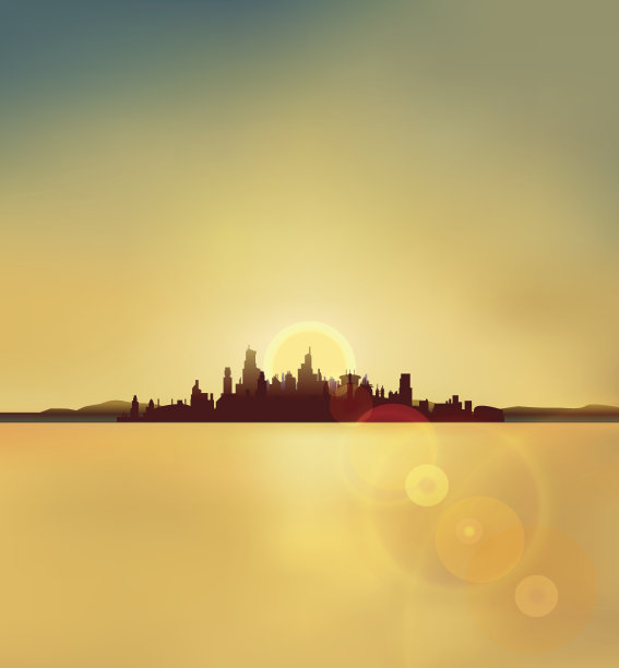 城市剪影背景在日落向量图片下载