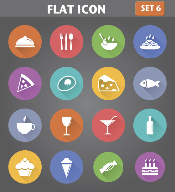 食物和饮料设置在平坦的风格与长阴影。图片下载