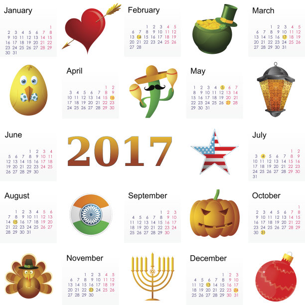 带有假日符号的2017年日历图片下载