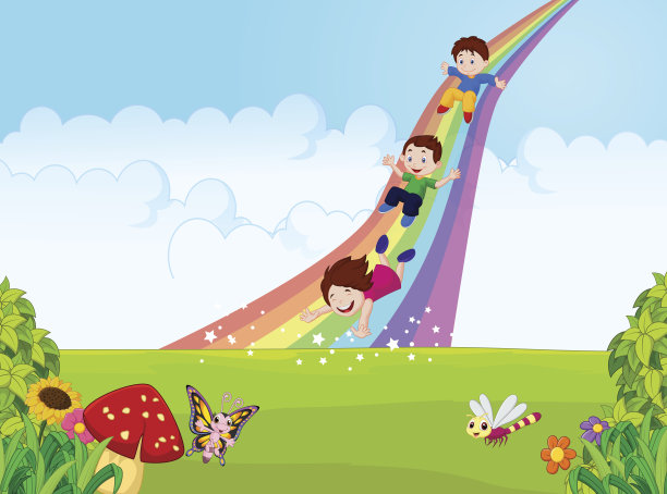 卡通小孩在丛林里玩彩虹滑梯图片下载
