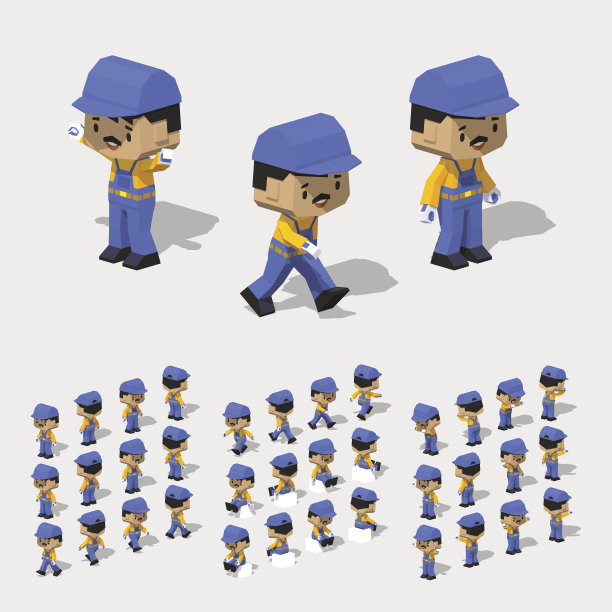 低聚工人深色头发，小胡子，在蓝色图片下载