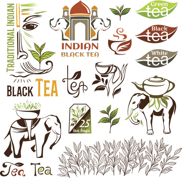 印度，绿茶和红茶标志系列。图片下载
