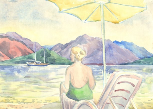 沙滩上的女人，绘画，水彩画图片下载