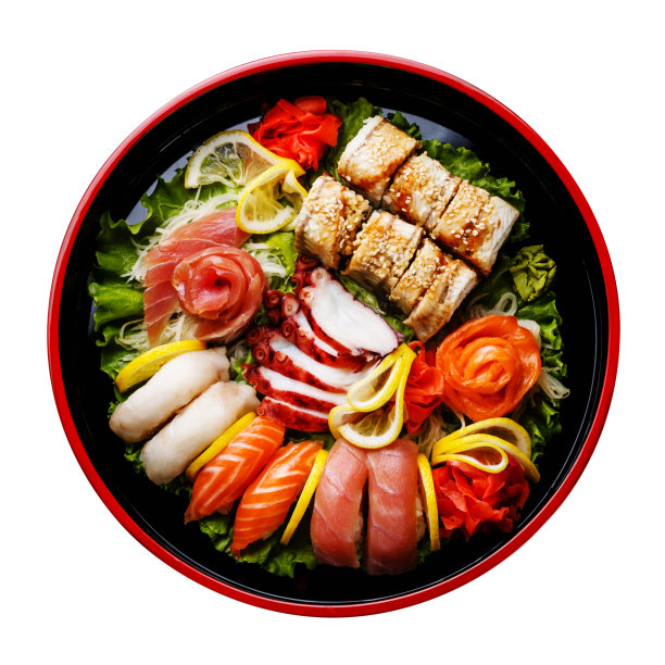 寿司集于寿司池圆盘孤立图片下载